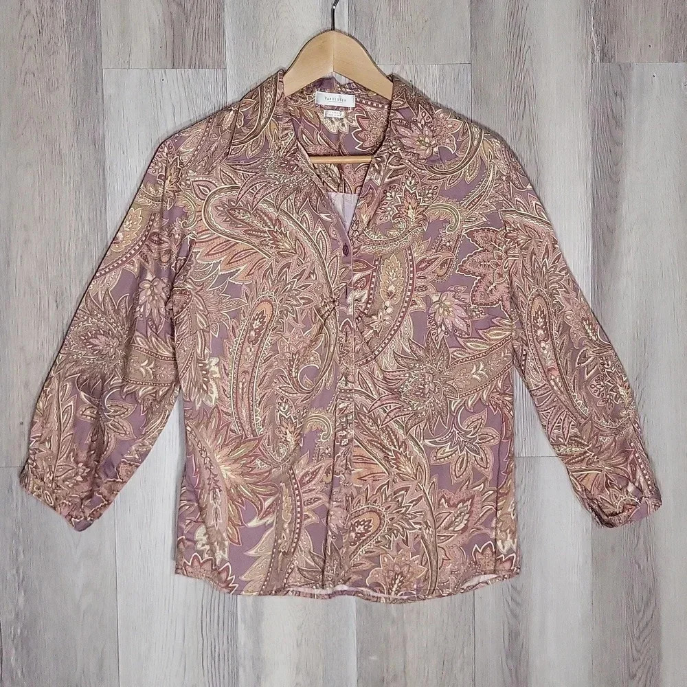 Van Heusen‎ Pink Purple Paisley Collared Button Up 3/4 Sleeve Womens Large